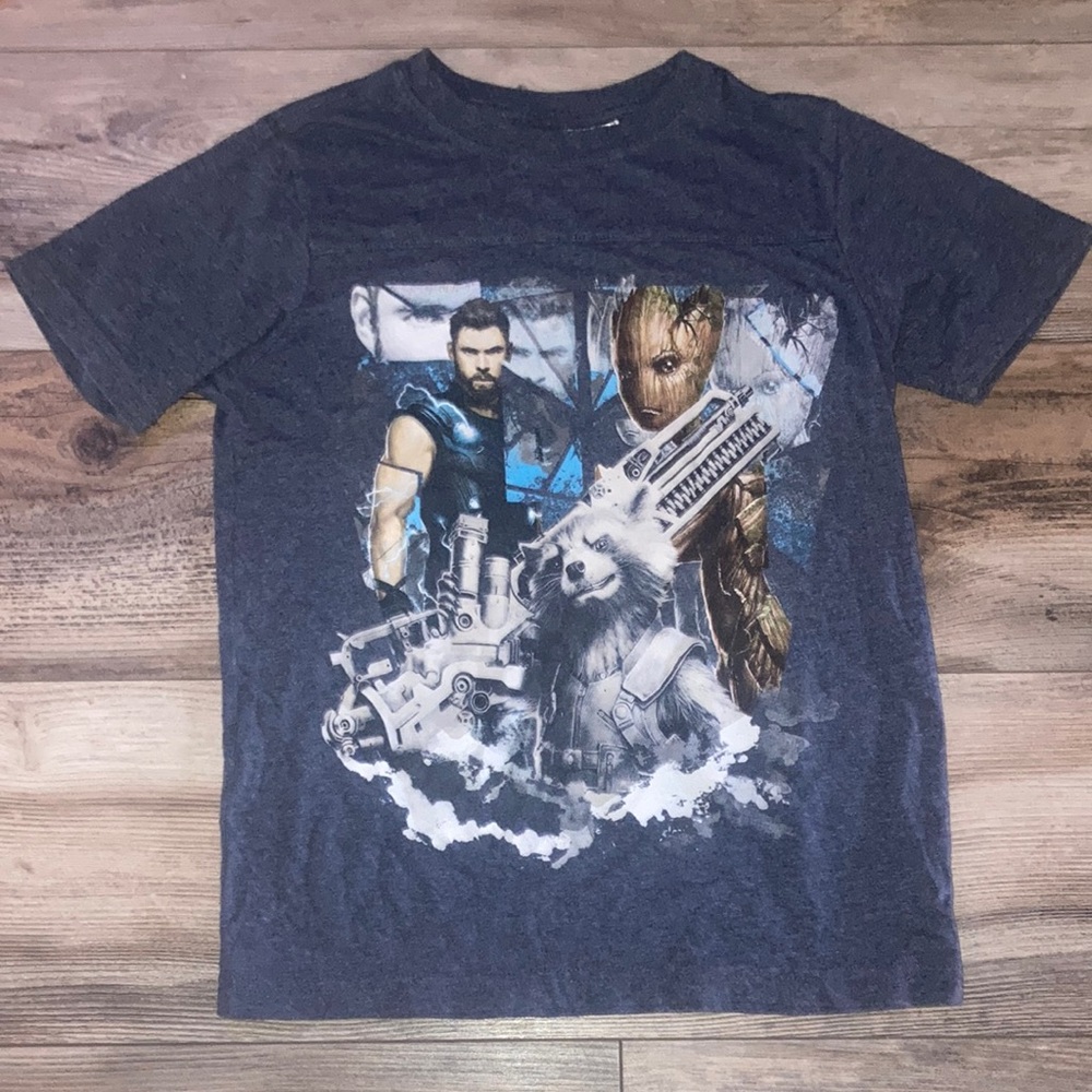 Marvel Avengers Boys Thor Groot Rocket Guardians Heather Blue Tshirt Size 7-8